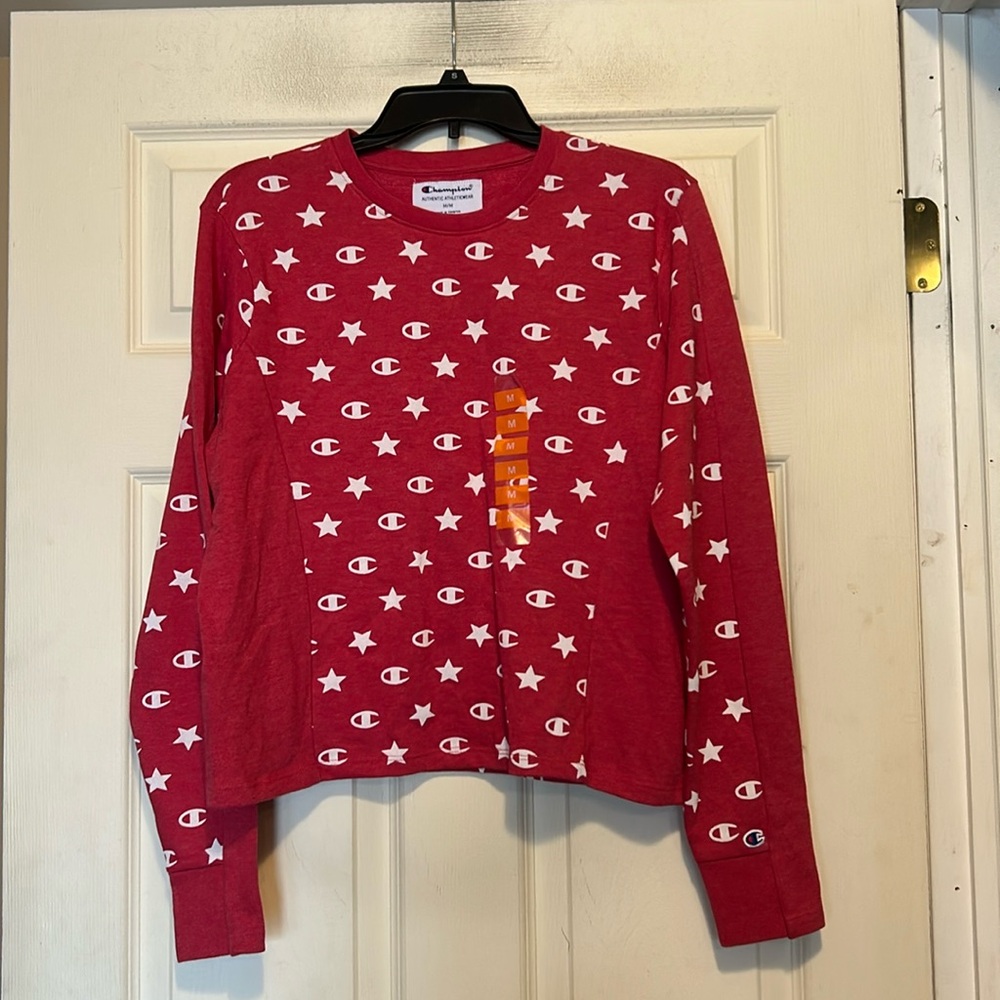 Champion Red and White Crewneck Sweatshirt Size Medium